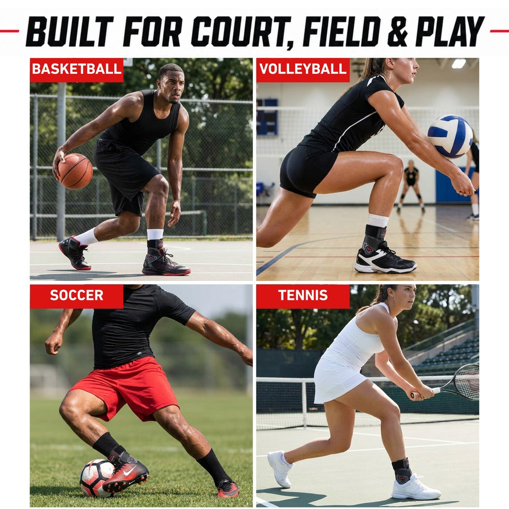McDavid ELITE Bio-Logix™ Ankle Brace lifestyle graphic with four action photos labeled Basketball, Volleyball, Soccer, and Tennis, each showing an athlete wearing the black ankle brace during play, headline 'Built for Court, Field & Play.