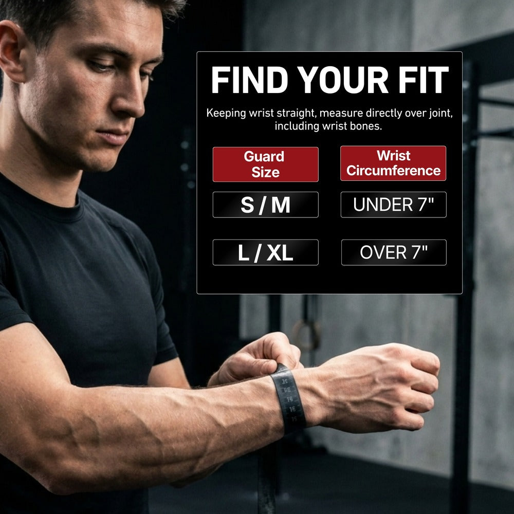 McDavid Wrist Guard/Adjustable sizing graphic: man measuring his wrist circumference with a tape measure, headline 'Find Your Fit,' with a size chart showing S/M for under 7 inches and L/XL for over 7 inches wrist circumference.