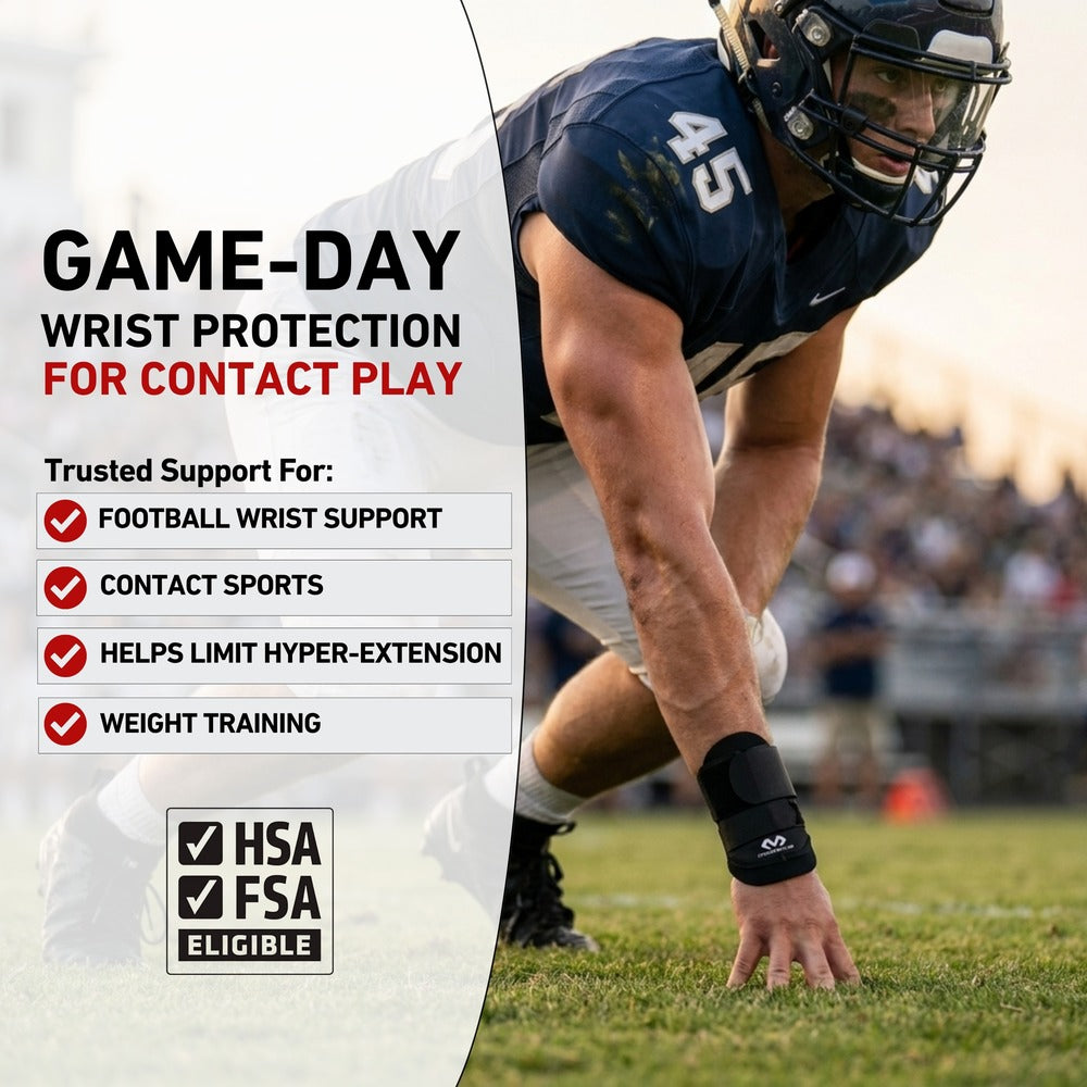 McDavid Wrist Guard/Adjustable Product Graphic: football player in a three-point stance on the field wearing the black wrist guard, headline 'Game-Day Wrist Protection for Contact Play,' listing football wrist support, contact sports, helps limit hyper-extension, and weight training, with an HSA/FSA Eligible Badge.