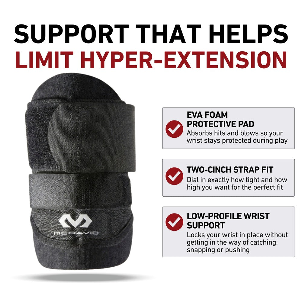 McDavid Wrist Guard/Adjustable product graphic: close-up of the black wrist guard with two cinch straps and palm pad, headline 'Support That Helps Limit Hyper-Extension,' listing EVA foam protective pad, two-cinch strap fit, and low-profile wrist support.