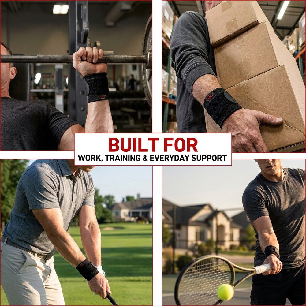 McDavid Wrist Sleeve/Adjustable/Elastic lifestyle graphic with four photos of a man wearing the black elastic wrist wrap while lifting a barbell, carrying boxes, golfing, and playing tennis, headline 'Built for Work, Training & Everyday Support.'