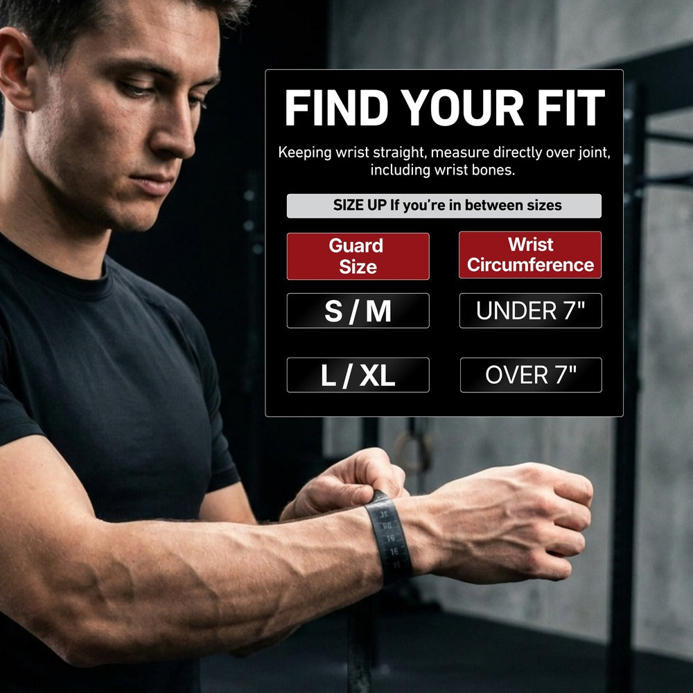 McDavid Wrist Sleeve/Adjustable/Elastic sizing graphic: man measuring his wrist circumference with a tape measure, headline 'Find Your Fit,' noting to size up if between sizes, with a chart showing S/M for under 7 inches and L/XL for over 7 inches wrist circumference.