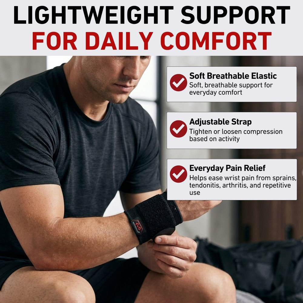 McDavid Wrist Sleeve/Adjustable/Elastic product graphic: man adjusting the black elastic wrist wrap on his wrist, headline 'Lightweight Support for Daily Comfort,' listing soft breathable elastic, adjustable strap, and everyday pain relief for sprains, tendonitis, arthritis, and repetitive use.