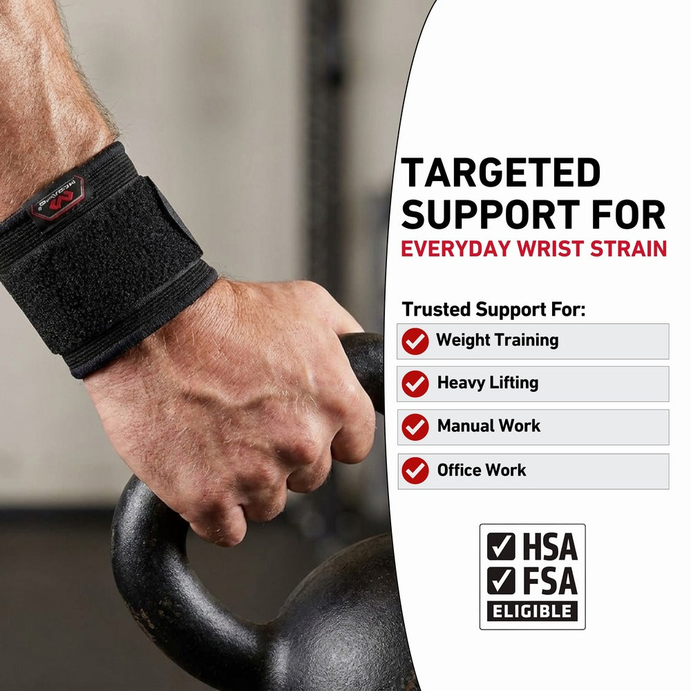 McDavid Wrist Sleeve/Adjustable/Elastic Product Graphic: close-up of a hand wearing the black elastic wrist wrap while gripping a kettlebell, headline 'Targeted Support for Everyday Wrist Strain,' listing weight training, heavy lifting, manual work, and office work, with an HSA/FSA Eligible Badge.