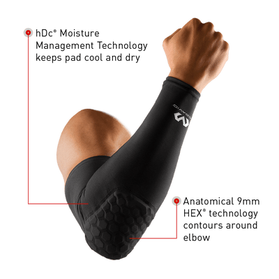 McDavid HEX® Shooter Arm Sleeve/Single – Tech Callouts: 1) hDc® Moisture Management Technology keeps pad cool and dry | 2) Anatomical 9mm HEX® Technology contours around elbow