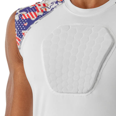 McDavid HEX® Sternum Shirt - Flag Camo - On Model - Detail Shot of  HEX® Sternum Padding on Chest